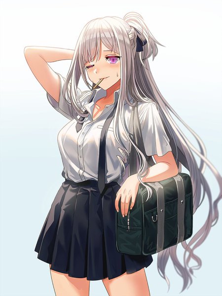 Anime picture 700x933 with girls frontline ak-12 (girls frontline) silence girl single long hair tall image looking at viewer blush fringe breasts simple background smile standing purple eyes holding silver hair braid (braids) pleated skirt one eye closed arm up