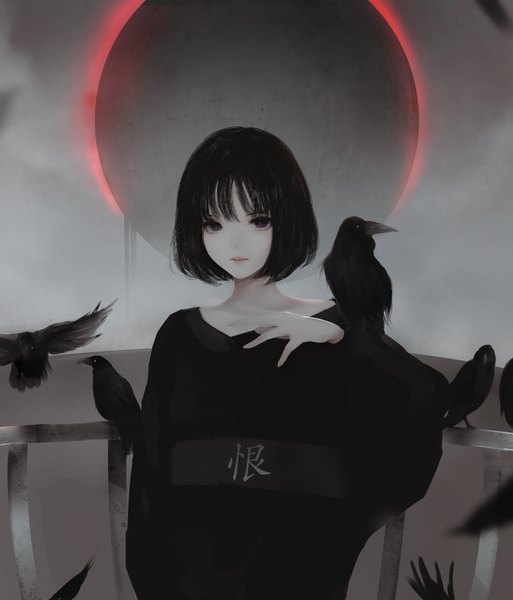 Anime picture 3336x3900 with original aoi ogata single tall image looking at viewer fringe highres short hair black hair absurdres parted lips arm up black eyes pale skin revision bird on hand girl animal bird (birds) railing