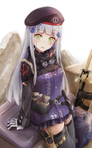 Anime picture 814x1310 with girls frontline hk416 (girls frontline) raguro single long hair tall image looking at viewer blush fringe standing white background green eyes silver hair blunt bangs parted lips head tilt pleated skirt arm support facial mark plaid skirt