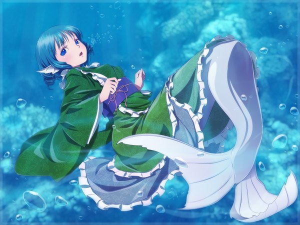 Anime picture 1600x1200 with touhou wakasagihime ah-negitorow single looking at viewer blush short hair open mouth blue eyes blue hair traditional clothes japanese clothes underwater girl kimono obi bubble (bubbles) mermaid