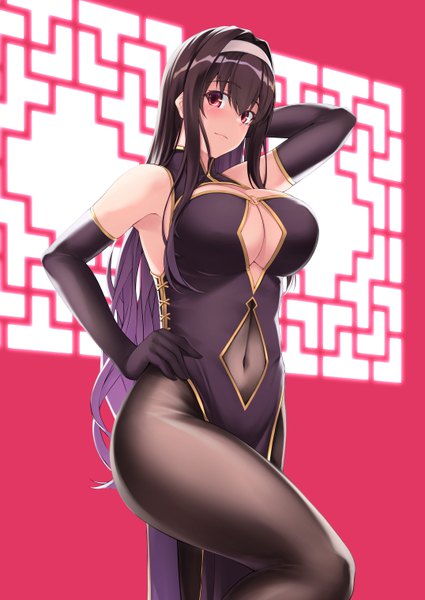 Anime picture 4299x6071 with saenai heroine no sodatekata a-1 pictures kasumigaoka utaha rebutsu single long hair tall image looking at viewer blush fringe highres breasts light erotic simple background hair between eyes red eyes brown hair large breasts standing absurdres