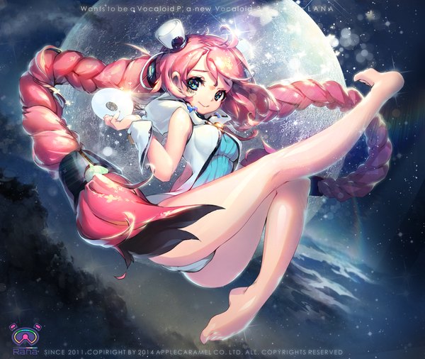 Anime picture 1000x844 with vocaloid rana (vocaloid) apple caramel single looking at viewer blue eyes light erotic smile signed pink hair braid (braids) very long hair barefoot pantyshot legs copyright name twin braids jumping girl underwear
