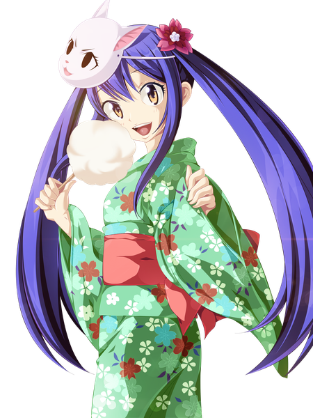 Anime-Bild 3600x4800 mit fairy tail wendy marvell salim202 single long hair tall image highres open mouth smile twintails brown eyes blue hair absurdres traditional clothes japanese clothes looking back hair flower loli coloring transparent background