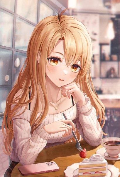 Anime picture 2384x3499 with original funii single long hair tall image looking at viewer blush fringe highres open mouth blonde hair smile hair between eyes sitting bare shoulders holding yellow eyes payot ahoge indoors