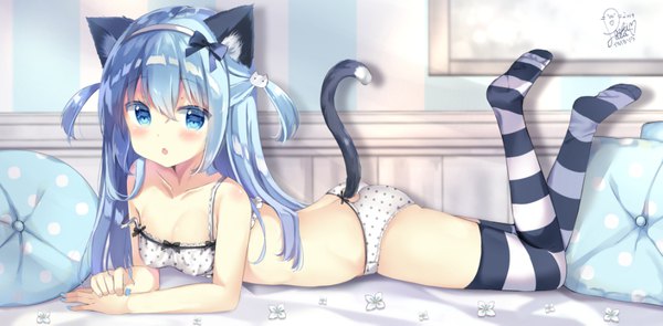Anime picture 940x463 with original saeki sora single long hair looking at viewer blush fringe breasts open mouth blue eyes light erotic hair between eyes wide image bare shoulders signed animal ears payot blue hair full body ass