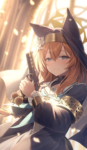 Anime picture 1296x2222 with blue archive mari (blue archive) greenkohgen single long hair tall image looking at viewer fringe blue eyes hair between eyes brown hair standing holding indoors long sleeves sunlight backlighting nun girl weapon