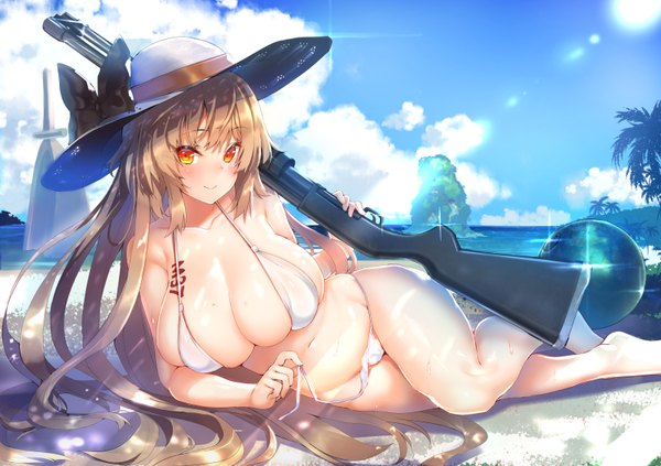 Anime picture 1600x1130 with girls frontline ithaca m37 (girls frontline) shimofuri single looking at viewer blush breasts light erotic smile brown hair large breasts bare shoulders sky cleavage cloud (clouds) outdoors lying very long hair barefoot sunlight
