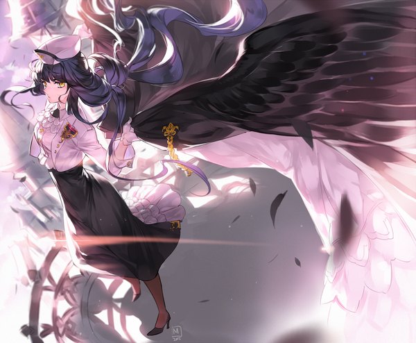Anime picture 2500x2060 with original mansu single long hair looking at viewer fringe highres standing holding yellow eyes purple hair wind sunlight standing on one leg black wings girl skirt gloves uniform wings
