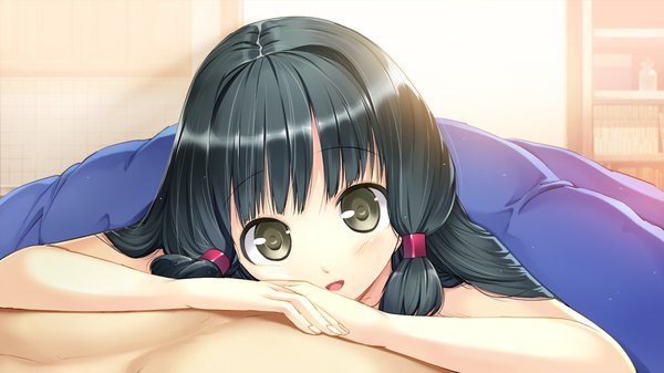 Anime picture 1280x720 with nanatsu no fushigi no owaru toki tokito nanao ueda ryou long hair blush open mouth black hair wide image brown eyes game cg lying loli girl