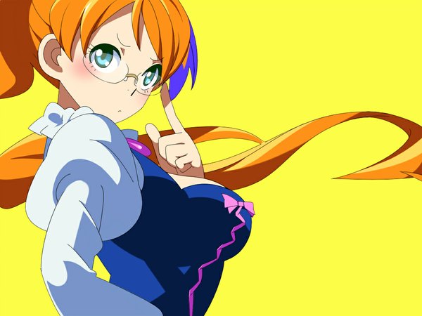 Anime picture 1000x750 with aquarion (series) aquarion evol satelight mix (aquarion) single long hair blush blue eyes simple background orange hair yellow background girl glasses