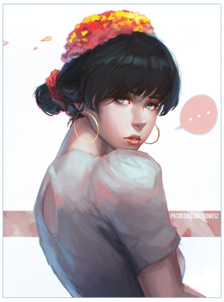 Anime picture 900x1213 with guweiz single tall image looking at viewer short hair blue eyes black hair simple background white background upper body looking back lips realistic girl earrings scrunchie hair tie hoop earrings wreath