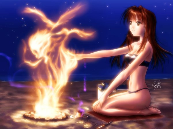 Anime picture 1024x768 with memories off memories off 2nd shirakawa shizuru s zenith lee red hair beach swimsuit bikini blood fire