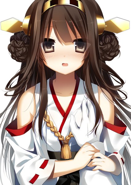 Anime picture 1002x1416 with kantai collection kongou battleship admiral (kantai collection) yoruneko single long hair tall image looking at viewer blush breasts open mouth brown hair brown eyes breast grab nontraditional miko girl detached sleeves hairband