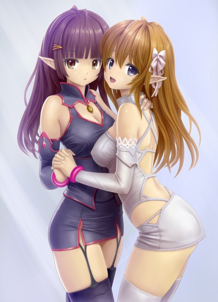 Anime picture 1280x1771 with original kanzeon long hair tall image open mouth light erotic brown hair multiple girls brown eyes purple hair pointy ears black eyes holding hands girl thighhighs 2 girls suit
