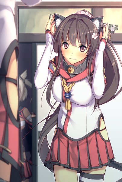 Anime picture 597x885 with kantai collection yamato super battleship musashi super battleship gyuunyuu bin tall image blush breasts red eyes brown hair large breasts multiple girls brown eyes animal ears ponytail tail very long hair animal tail pleated skirt arm up hair flower