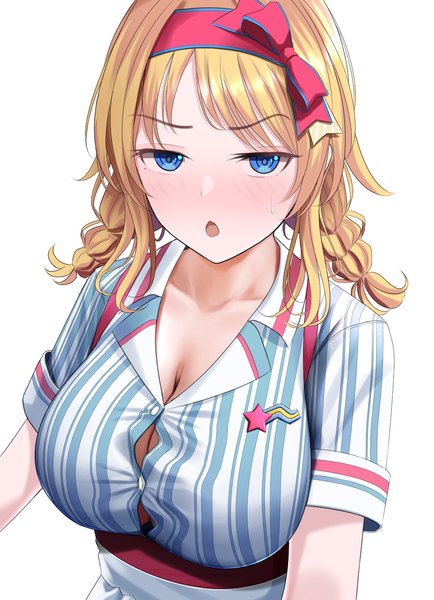 Anime picture 1000x1382 with idolmaster idolmaster shiny colors hachimiya meguru turisasu single long hair tall image looking at viewer blush fringe breasts open mouth blue eyes light erotic simple background blonde hair large breasts white background cleavage upper body