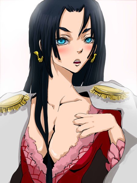 Anime picture 1125x1500 with one piece toei animation boa hancock single long hair tall image blush open mouth blue eyes black hair simple background white background girl