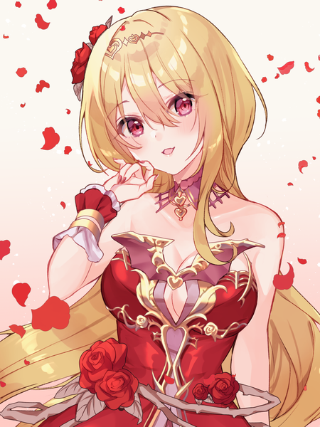 Anime picture 1536x2048 with idolmaster idolmaster cinderella girls idolmaster cinderella girls starlight stage kurosaki chitose miyakoto single long hair tall image looking at viewer fringe open mouth blonde hair hair between eyes red eyes cleavage upper body head tilt girl flower (flowers) petals