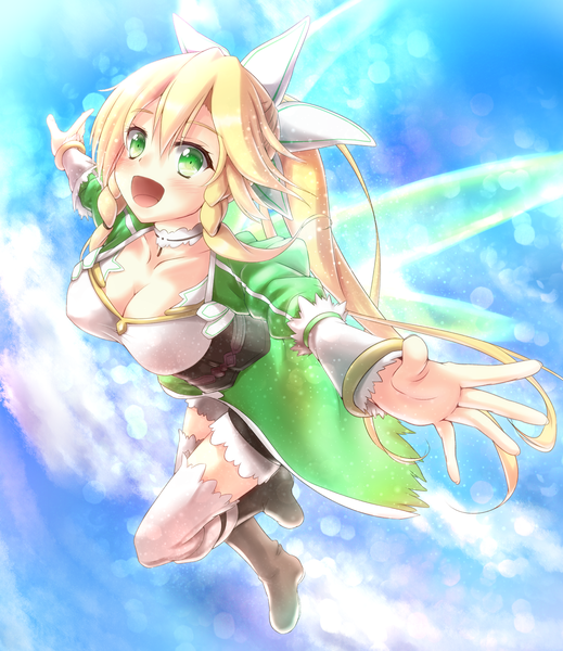 Anime picture 1488x1719 with sword art online a-1 pictures leafa asahi (ge nyu) single long hair tall image blush breasts open mouth light erotic blonde hair large breasts green eyes ponytail braid (braids) twin braids girl thighhighs white thighhighs