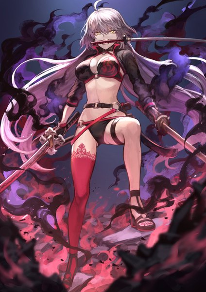 Anime picture 1302x1842 with fate (series) fate/grand order jeanne d'arc (fate) (all) jeanne d'arc alter (fate) jeanne d'arc alter (swimsuit berserker) (fate) mashuu (neko no oyashiro) single long hair tall image looking at viewer fringe breasts light erotic hair between eyes large breasts standing holding yellow eyes payot cleavage