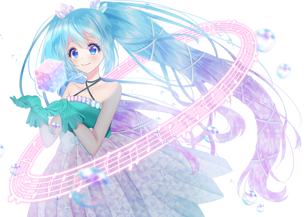 Anime-Bild 5016x3541 mit vocaloid hatsune miku kiseki dia single looking at viewer blush fringe highres simple background smile hair between eyes standing white background twintails bare shoulders signed absurdres very long hair aqua eyes aqua hair
