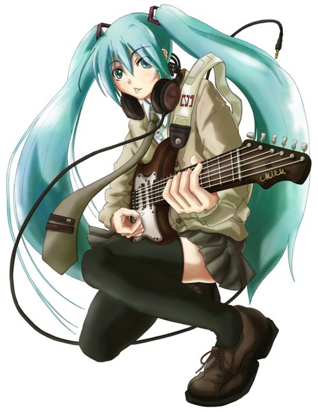 Anime picture 3659x4741 with vocaloid hatsune miku areduko (artist) single long hair tall image highres simple background white background twintails absurdres aqua eyes girl thighhighs uniform black thighhighs school uniform necktie headphones wire (wires)