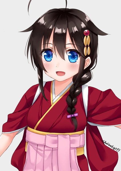 Anime picture 727x1027 with kantai collection shigure destroyer kamikaze destroyer hoshino kagari single long hair tall image looking at viewer fringe open mouth blue eyes simple background hair between eyes signed ahoge braid (braids) traditional clothes :d japanese clothes grey background