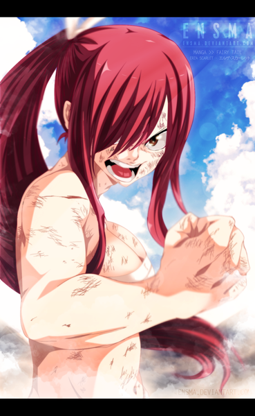 Anime picture 1073x1745 with fairy tail erza scarlet ensma single long hair tall image fringe breasts open mouth light erotic large breasts brown eyes sky cloud (clouds) ponytail red hair sunlight hair over one eye bare belly coloring