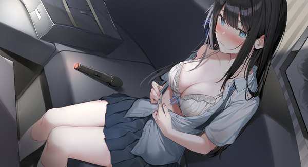 Anime picture 3941x2136 with original xretakex single long hair looking at viewer blush fringe highres breasts blue eyes light erotic black hair wide image large breasts sitting absurdres cleavage bent knee (knees) blunt bangs pleated skirt