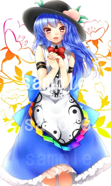 Anime picture 800x1332 with touhou hinanawi tenshi tsukiriran long hair tall image looking at viewer blush open mouth red eyes blue hair girl dress hat bowtie
