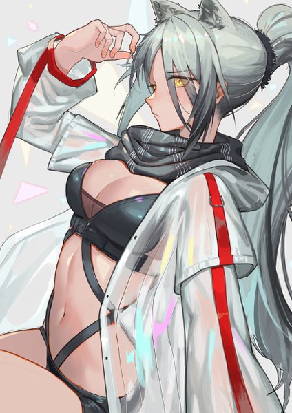 Anime picture 1754x2481 with arknights schwarz (arknights) krin single long hair tall image looking at viewer blush fringe highres breasts light erotic simple background large breasts sitting animal ears yellow eyes payot cleavage silver hair