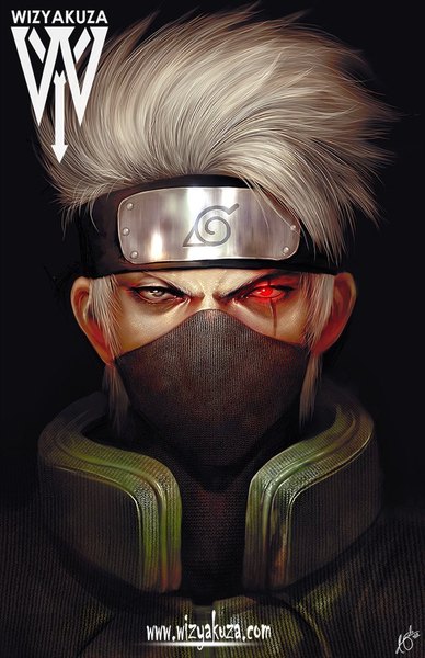 Anime picture 660x1020 with naruto studio pierrot naruto (series) hatake kakashi wizyakuza single tall image looking at viewer short hair simple background red eyes signed silver hair upper body realistic grey eyes heterochromia glowing watermark black background