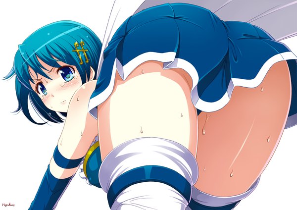 Anime picture 2171x1535 with mahou shoujo madoka magica shaft (studio) miki sayaka number10 (hagakure) single blush highres short hair breasts blue eyes light erotic simple background large breasts white background bare shoulders blue hair ass looking back from behind sweat