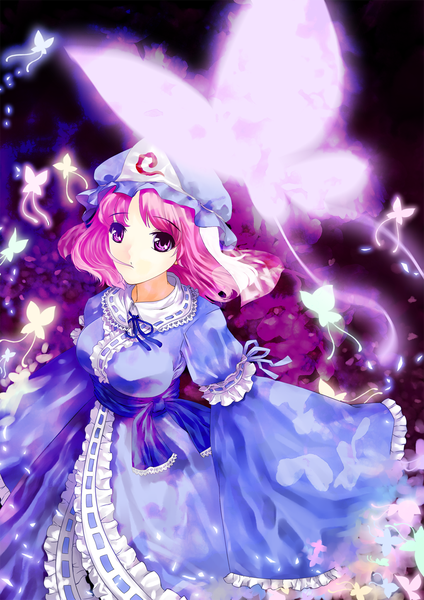 Anime picture 1024x1448 with touhou saigyouji yuyuko orangec (artist) single tall image pink hair pink eyes girl dress flower (flowers) ribbon (ribbons) hat insect butterfly