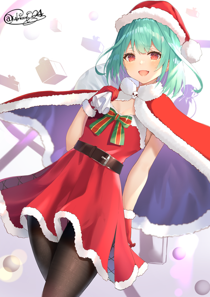 Anime picture 3969x5613 with virtual youtuber hololive uruha rushia shiina aoi single tall image highres short hair open mouth red eyes signed absurdres :d green hair twitter username christmas girl dress gloves hat