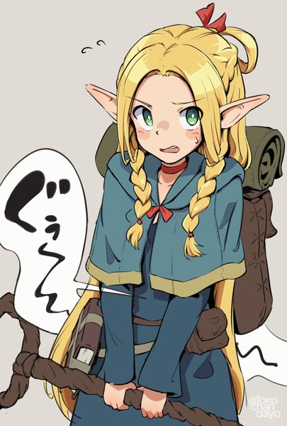 Anime picture 2079x3078 with dungeon meshi studio trigger marcille donato rokochan single long hair tall image blush highres simple background blonde hair green eyes braid (braids) pointy ears grey background twin braids sweatdrop flying sweatdrops girl staff