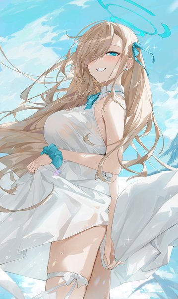 Anime picture 916x1530 with blue archive asuna (blue archive) dema hmw single long hair tall image looking at viewer fringe breasts blue eyes light erotic blonde hair smile large breasts standing sky cloud (clouds) outdoors hair over one eye from below
