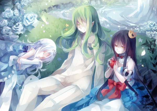 Anime picture 3541x2507 with original filiananna long hair looking at viewer highres open mouth black hair sitting bare shoulders multiple girls green eyes looking away absurdres white hair eyes closed green hair pointy ears orange eyes on side sleeping