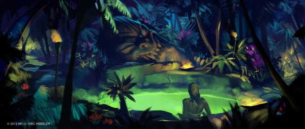 Anime picture 1200x511 with original sketcheth (artist) wide image from behind night back face girl swimsuit plant (plants) tree (trees) forest palm tree pool bath statue torch