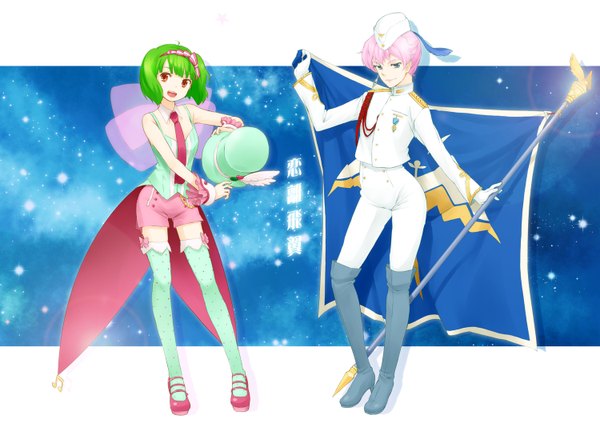 Anime picture 1500x1058 with macross macross frontier macross frontier: sayonara no tsubasa sheryl nome ranka lee tagme (artist) short hair blue eyes simple background red eyes multiple girls pink hair green hair couple space girl thighhighs gloves uniform 2 girls