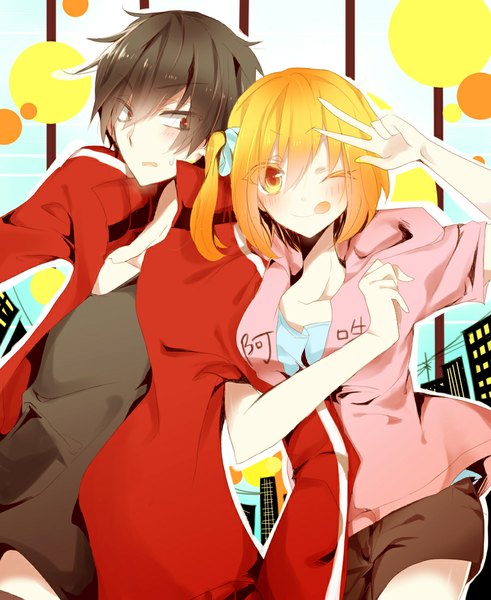 Anime picture 900x1100 with kagerou project shaft (studio) kisaragi shintarou kisaragi momo chunnkoromochi tall image looking at viewer blush fringe short hair breasts open mouth simple background blonde hair red eyes brown hair yellow eyes looking away cleavage tail