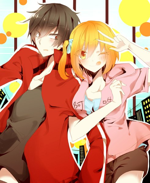 Anime-Bild 900x1100 mit kagerou project shaft (studio) kisaragi shintarou kisaragi momo chunnkoromochi tall image looking at viewer blush fringe short hair breasts open mouth simple background blonde hair red eyes brown hair yellow eyes looking away cleavage tail