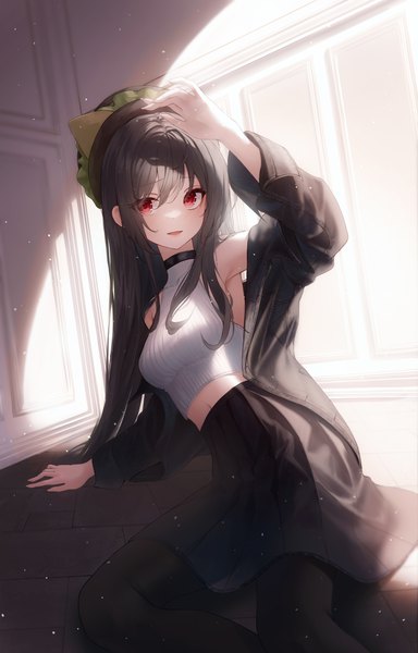 Anime picture 4848x7569 with virtual youtuber indie virtual youtuber waktaverse jingburger kerno single long hair tall image looking at viewer fringe highres open mouth black hair smile hair between eyes red eyes absurdres indoors :d arm up