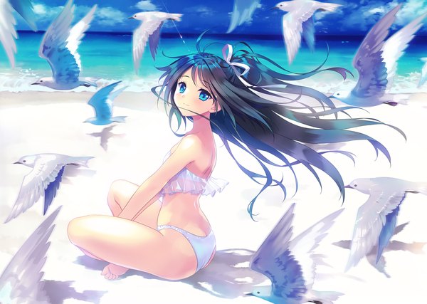 Anime picture 3427x2440 with kantai collection katsuragi aircraft carrier carnelian single long hair looking at viewer blush fringe highres blue eyes light erotic black hair smile sitting bare shoulders absurdres sky cloud (clouds) full body ahoge
