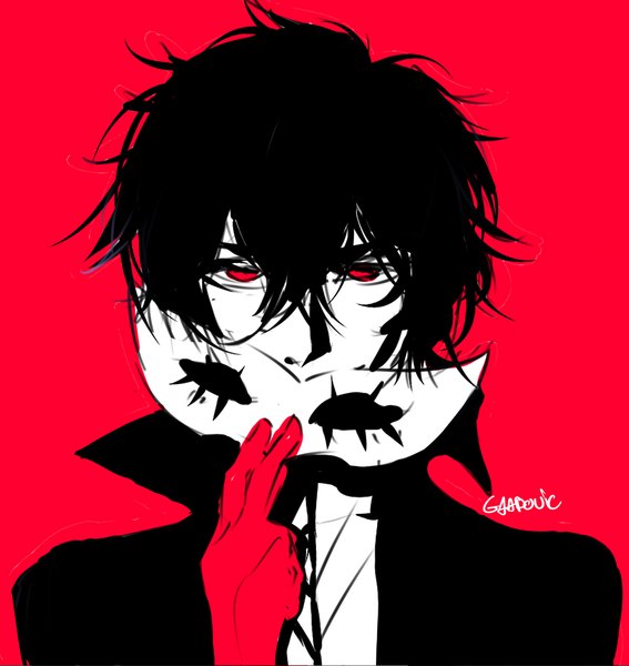 Anime picture 967x1023 with persona 5 persona amamiya ren gaabovic single tall image looking at viewer fringe short hair black hair simple background hair between eyes red eyes holding signed upper body red background covered mouth messy hair boy