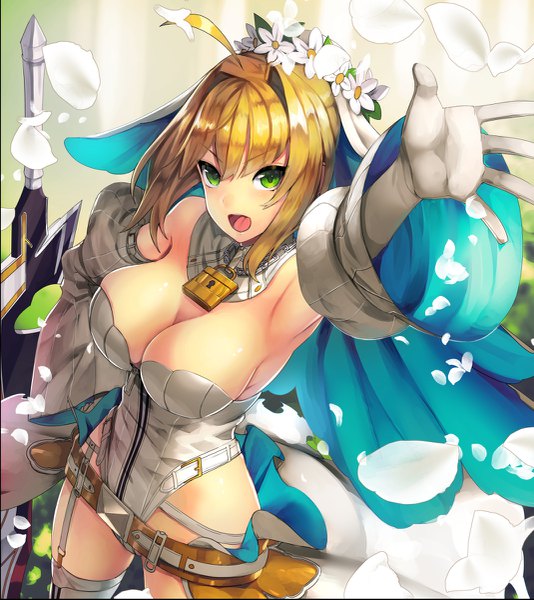 Anime picture 1069x1200 with fate (series) fate/extra fate/extra ccc nero claudius (fate) (all) nero claudius (fate) nero claudius (bride) (fate) scottie (phantom2) single tall image looking at viewer fringe short hair breasts open mouth light erotic blonde hair hair between eyes large breasts bare shoulders green eyes