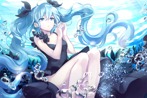Anime picture 1200x800 with vocaloid shinkai shoujo (vocaloid) hatsune miku ddaomphyo single long hair fringe breasts blue eyes light erotic hair between eyes bare shoulders payot cleavage ahoge bent knee (knees) parted lips aqua hair bare legs from below