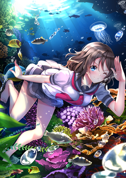 Anime picture 1102x1560 with love live! sunshine!! sunrise (studio) love live! watanabe you swordsouls single tall image looking at viewer blush short hair blue eyes smile brown hair one eye closed wink underwater girl skirt uniform miniskirt
