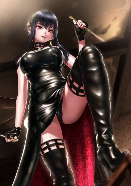 Anime picture 2894x4093 with spy x family yor briar tai (2vs) single long hair tall image looking at viewer fringe highres breasts light erotic black hair hair between eyes red eyes large breasts holding payot bent knee (knees) indoors hair flower