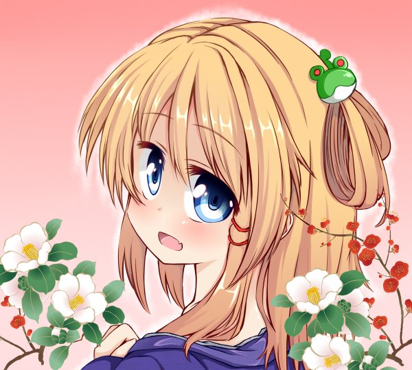 Anime picture 1200x1080 with touhou moriya suwako naobe009 single looking at viewer short hair open mouth blue eyes blonde hair looking back girl hair ornament flower (flowers)